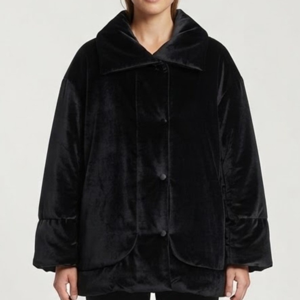 Diane Gilman Puffer Jacket Women's XL Black Velvet Puff Plush Cozy Soft Oversize